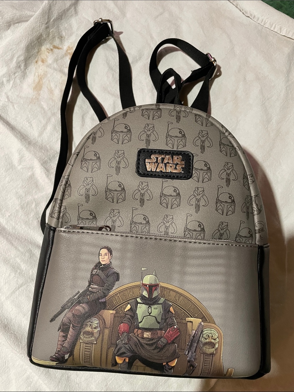 Loungefly Gray Star Wars Mini Backpack with Boba Fett & Fennec Art